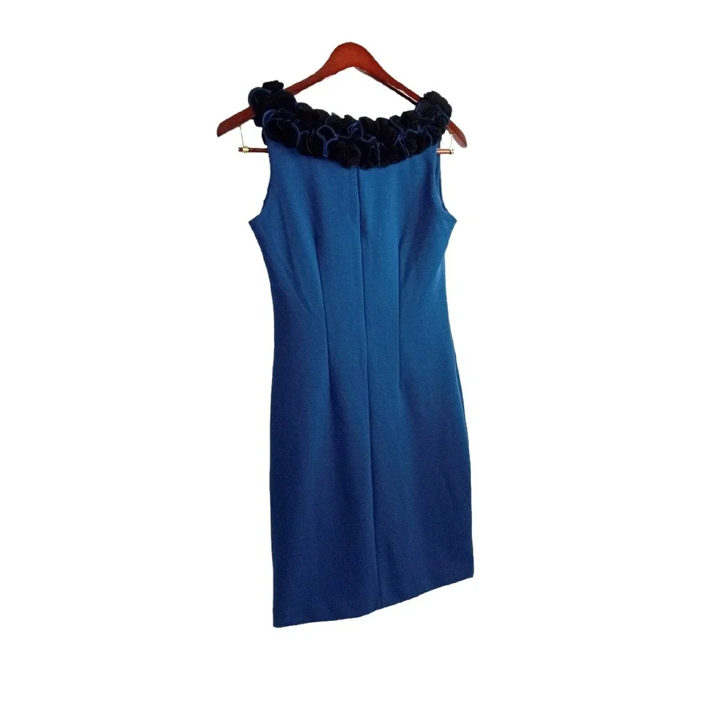 Adrienne Vittadini Size 4 Women's Sleeveless Sheath Blue‎ Dress Ruffle Neckline